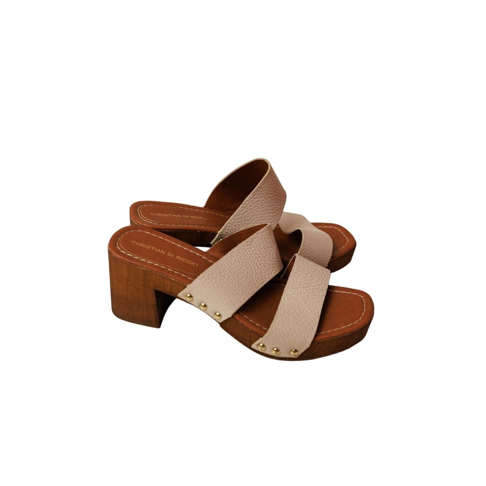Christian di Riccio leather platform sandal chunky heel‎ nailhead trim sz 37